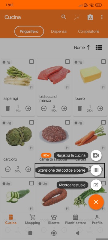 Kitchen page with Scan Barcode option